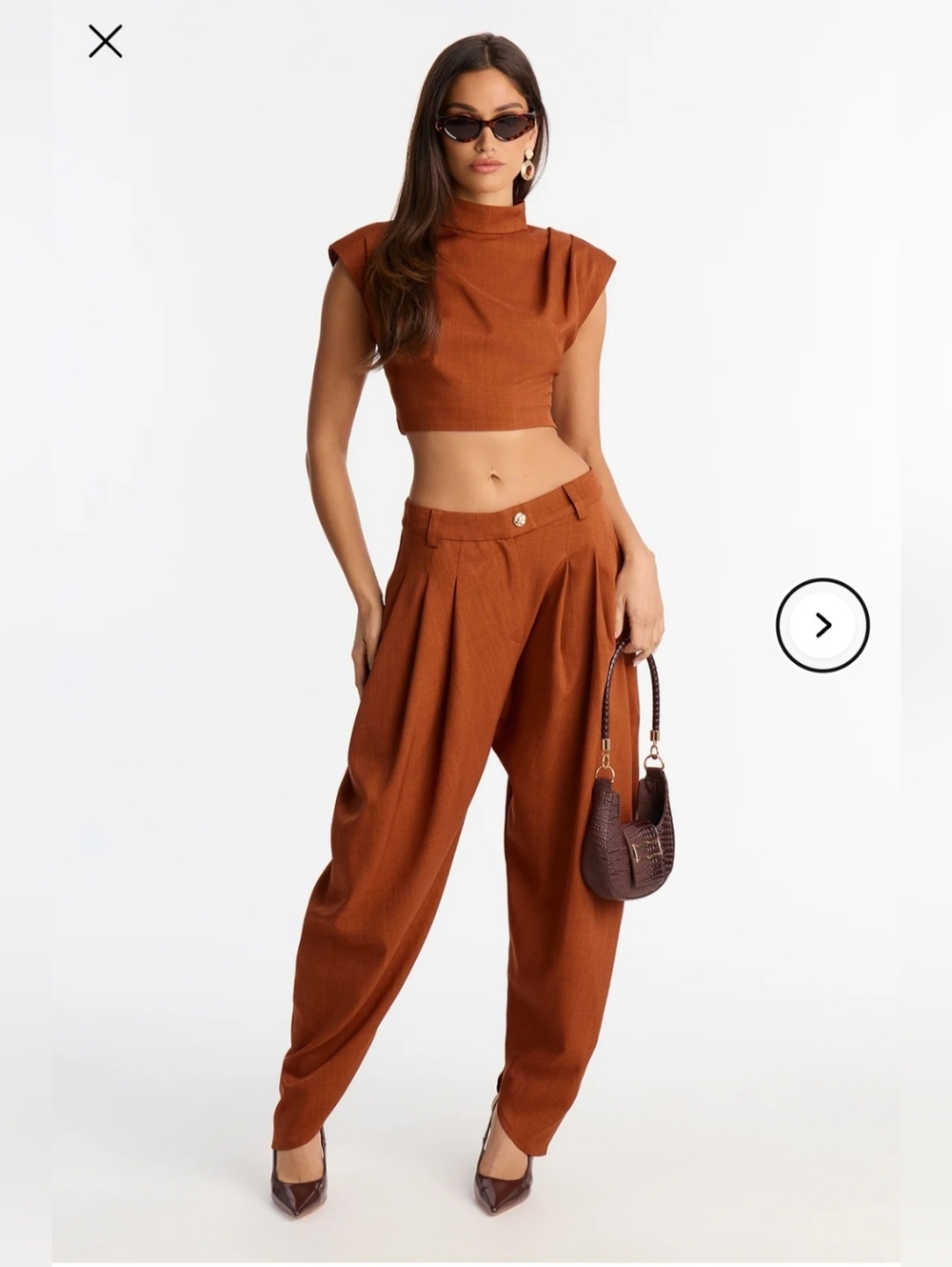 Fashion Nova Womens High-Waist Pleated Barrel Leg Pant Set - Rust